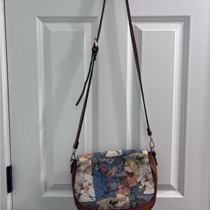 Coco + Carmen Crossbody Bag Brown Body With Floral Patterned Flap Purse